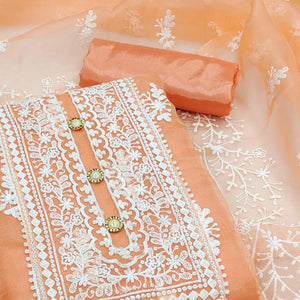 Orange Floral Embroidered Organza Dress Material - Peachmode