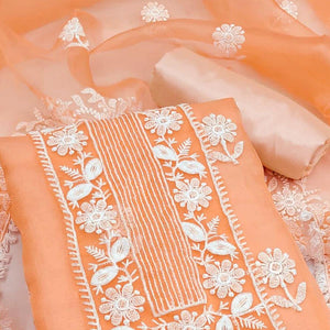 Orange Floral Embroidered Organza Dress Material - Peachmode