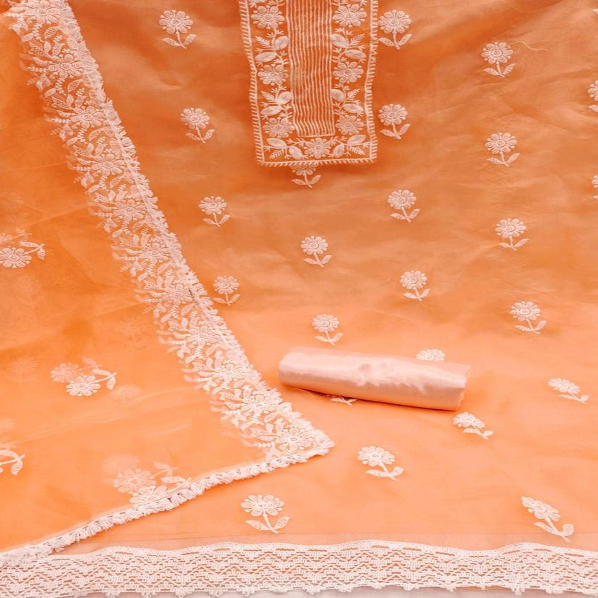 Orange Floral Embroidered Organza Dress Material - Peachmode