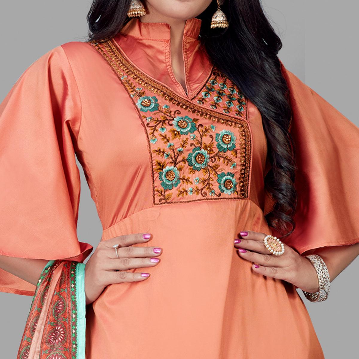 Orange Floral Embroidered Tapetta Silk Gown - Peachmode