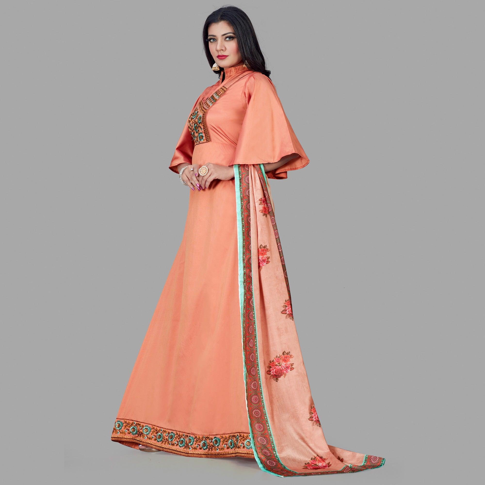 Orange Floral Embroidered Tapetta Silk Gown - Peachmode