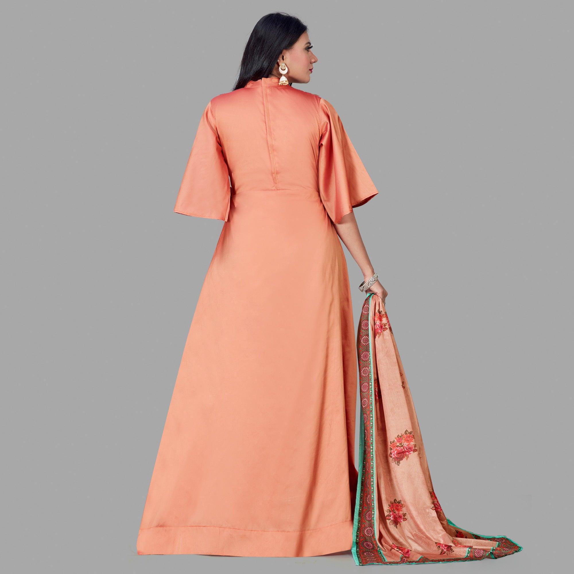 Orange Floral Embroidered Tapetta Silk Gown - Peachmode