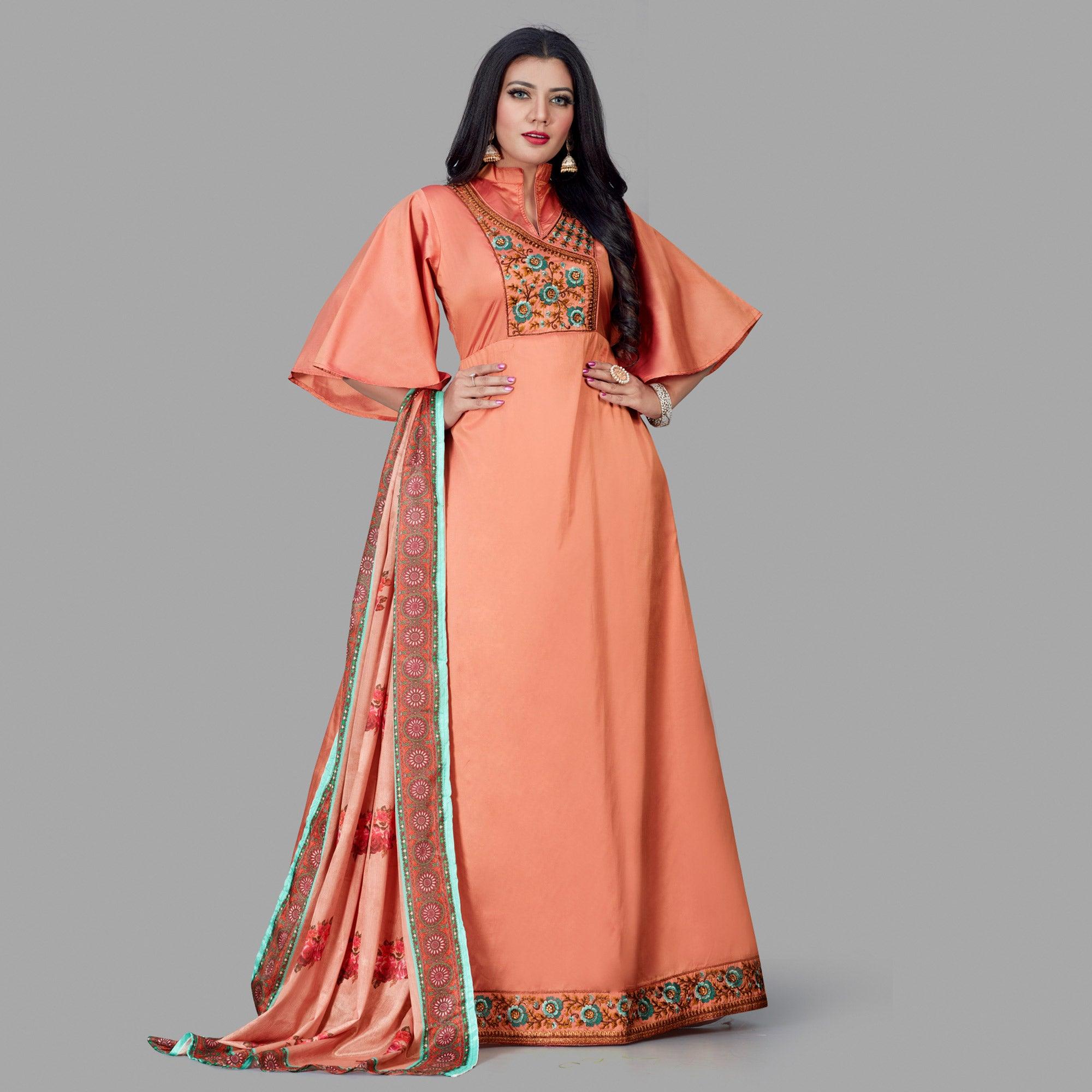 Orange Floral Embroidered Tapetta Silk Gown - Peachmode