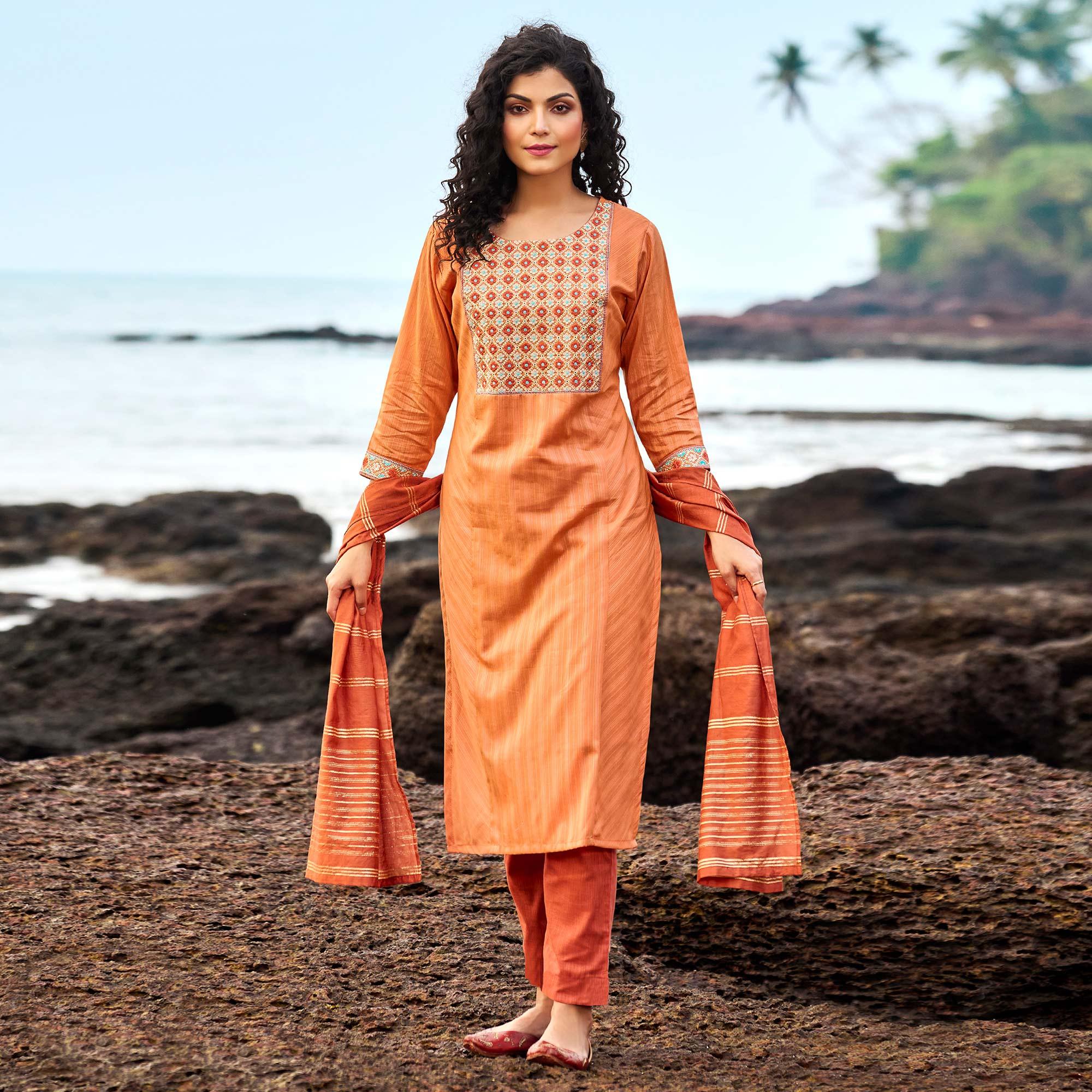 Orange Floral Embroidered With Stripe Printed Cotton Kurti Pant Set - Peachmode