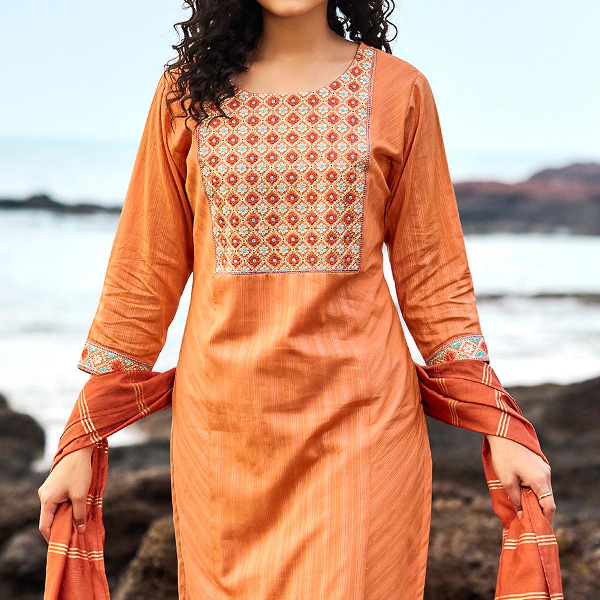 Orange Floral Embroidered With Stripe Printed Cotton Kurti Pant Set - Peachmode