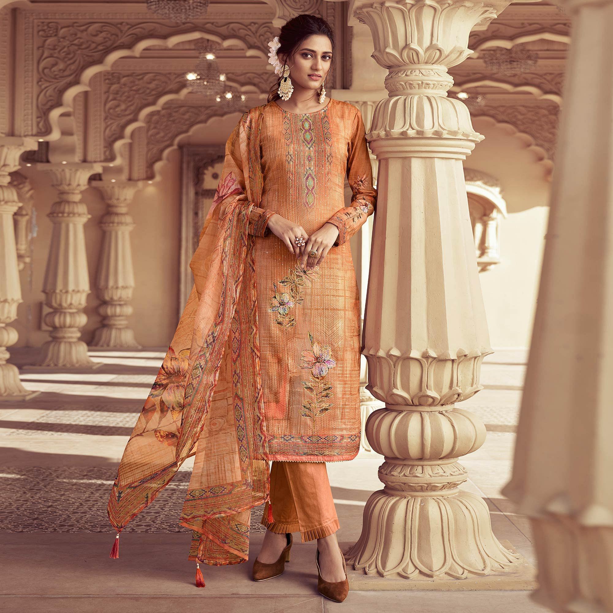 Orange Floral Print With Sequence Embroidered Royal chinon Partywear Suit - Peachmode