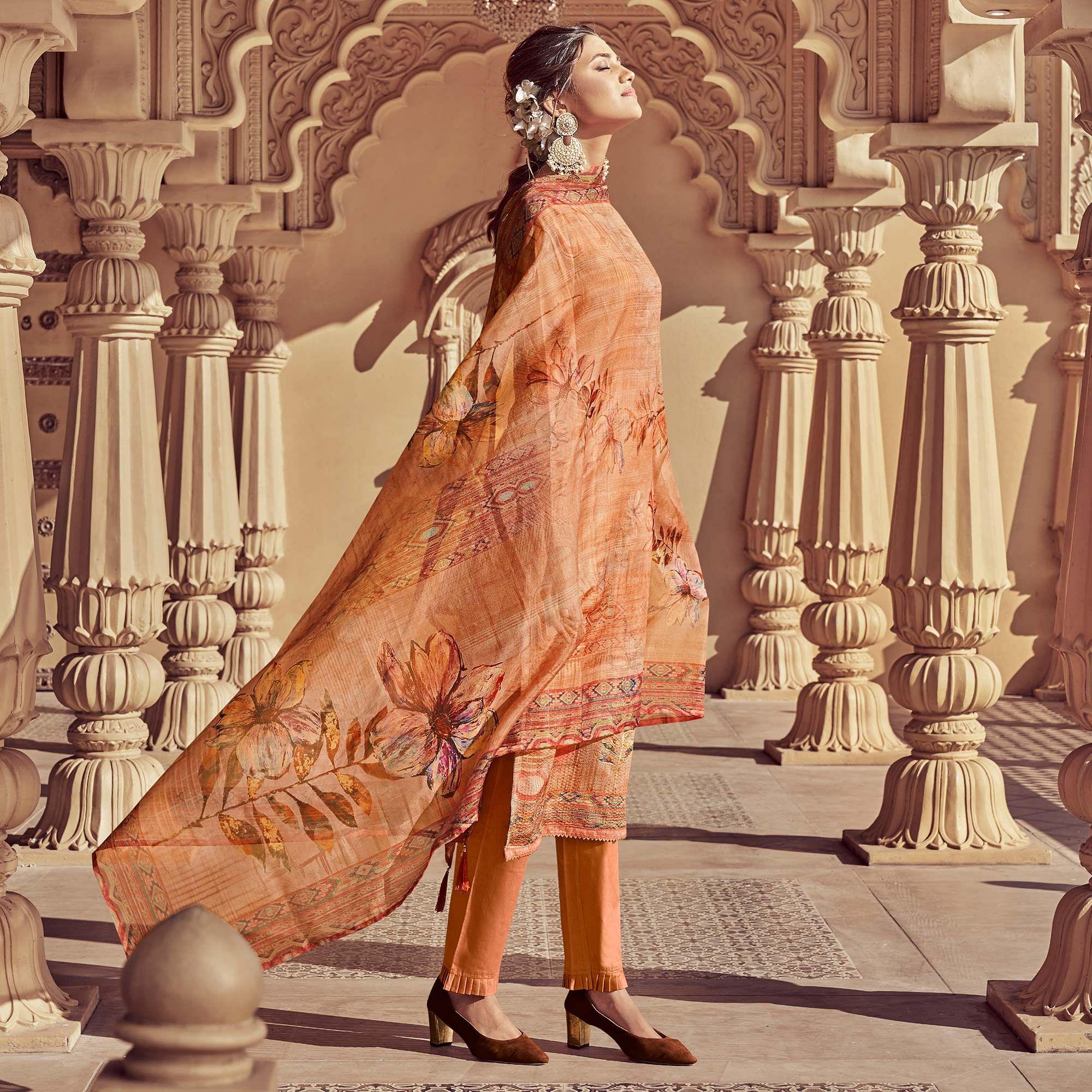 Orange Floral Print With Sequence Embroidered Royal chinon Partywear Suit - Peachmode