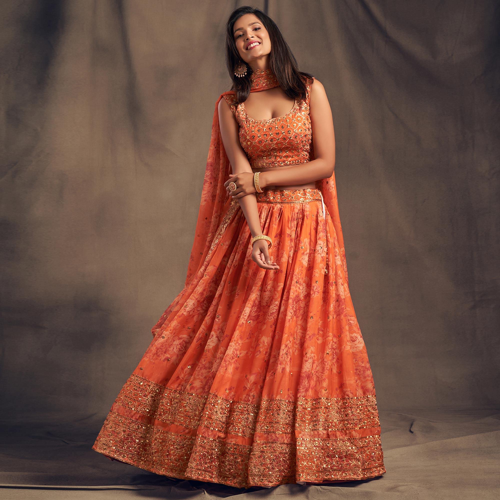 Orange Floral Print With Sequin Zari Embroidered Organza Lehenga Choli - Peachmode
