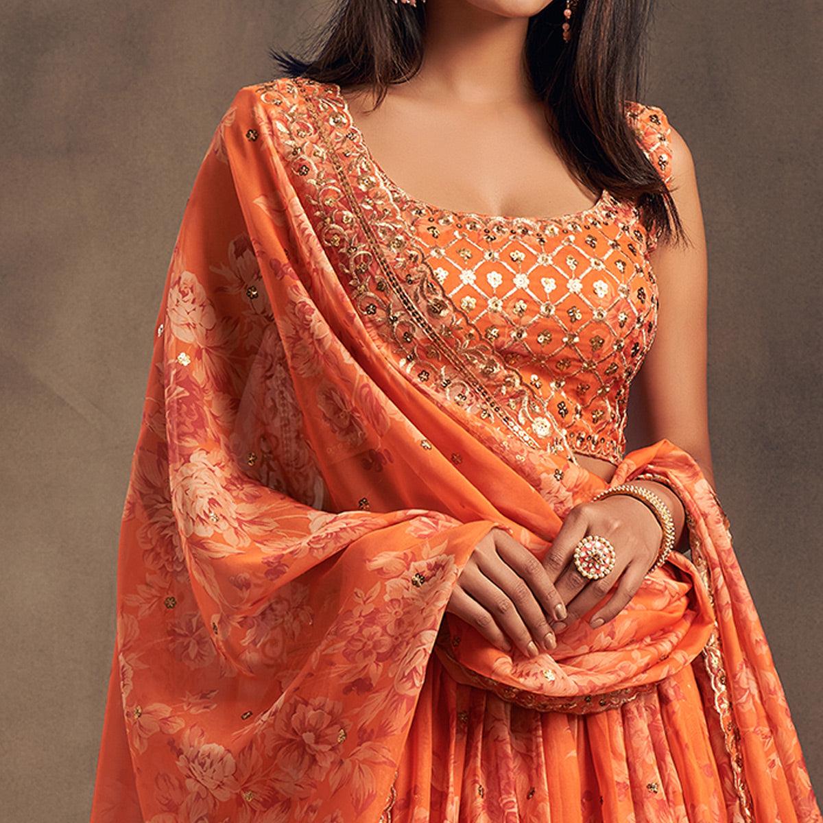 Orange Floral Print With Sequin Zari Embroidered Organza Lehenga Choli - Peachmode
