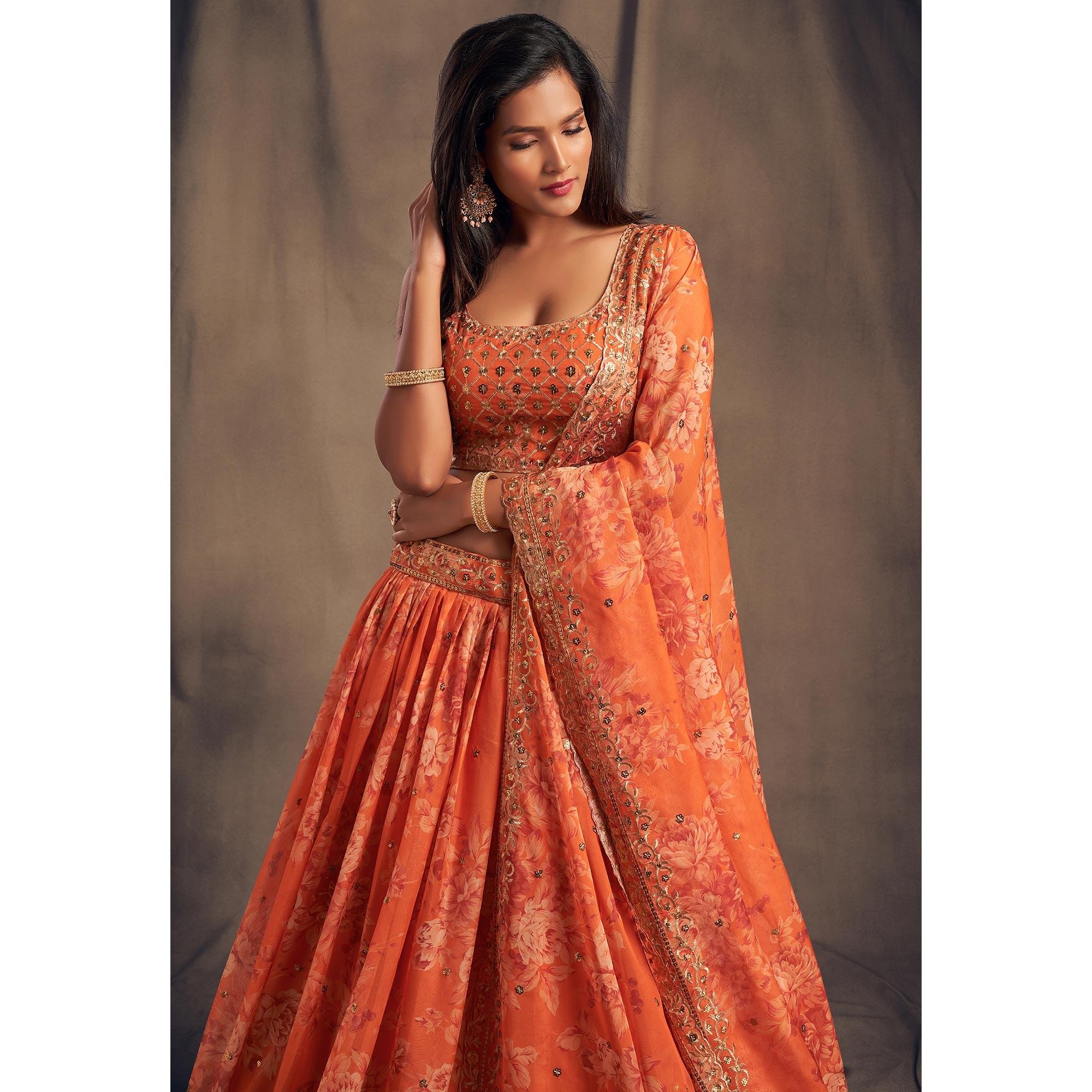 Orange Floral Print With Sequin Zari Embroidered Organza Lehenga Choli - Peachmode