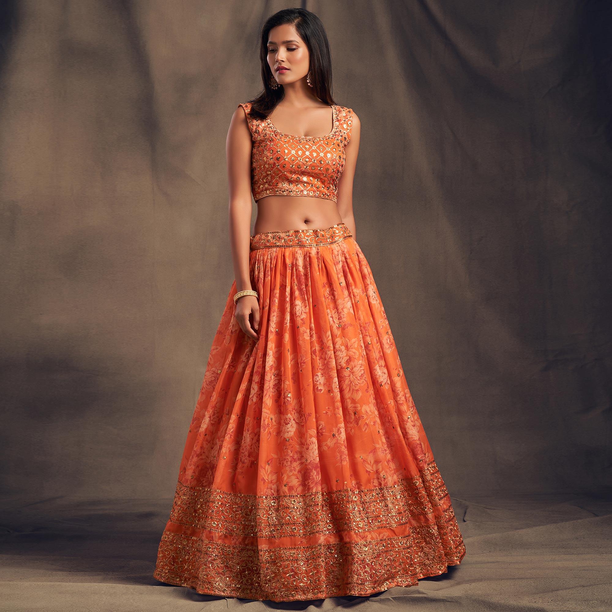 Orange Floral Print With Sequin Zari Embroidered Organza Lehenga Choli - Peachmode