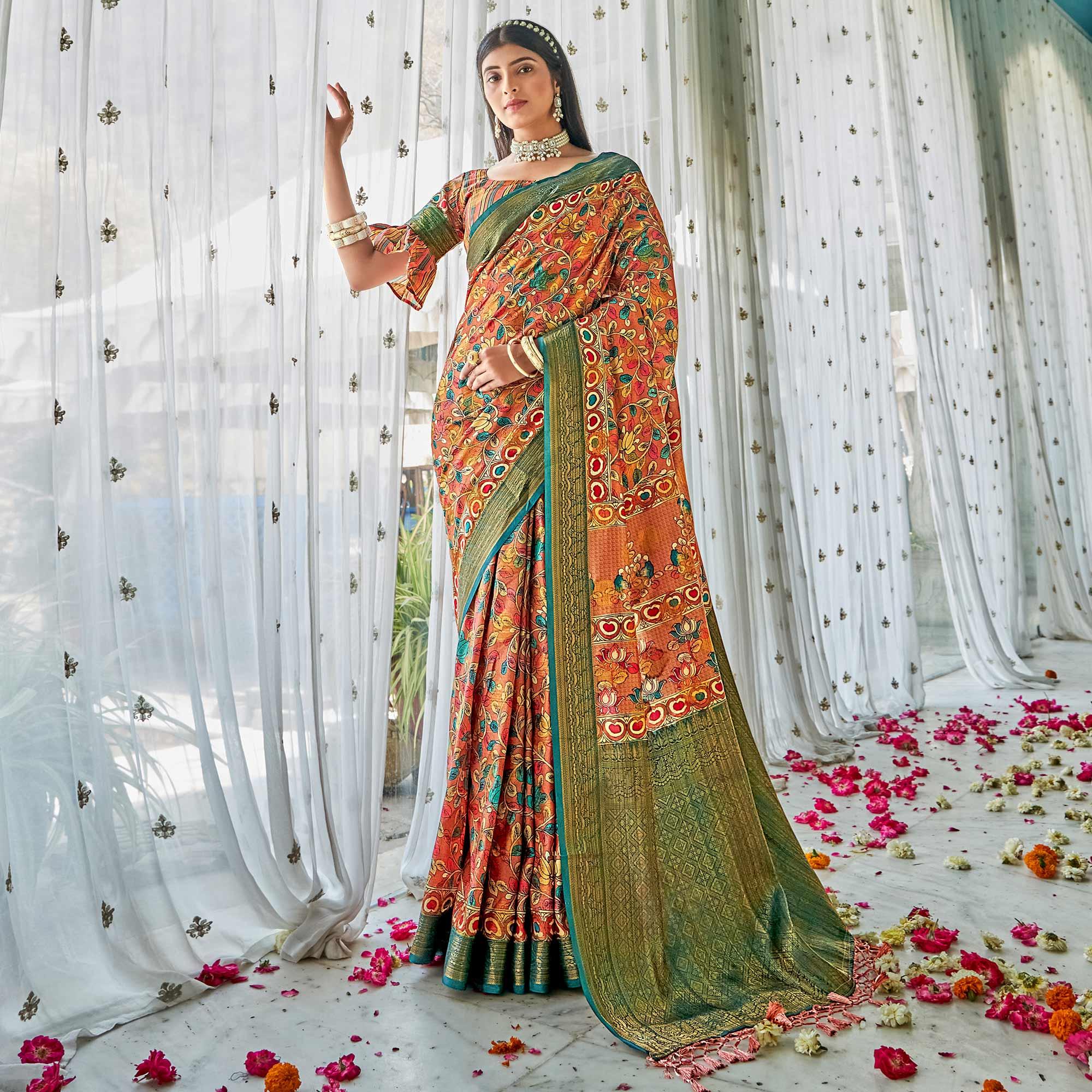 Orange Floral Printed Art Silk Saree - Peachmode