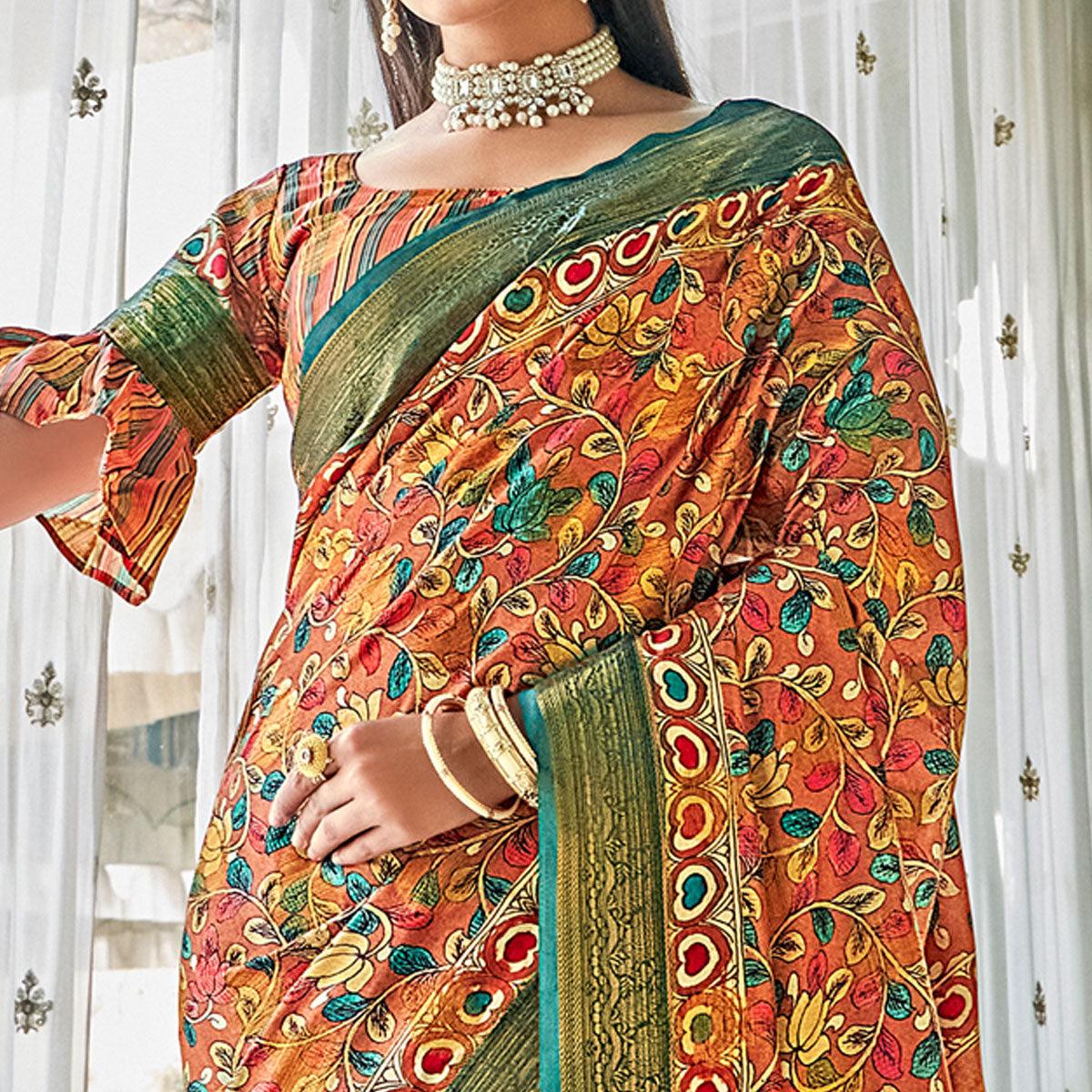 Orange Floral Printed Art Silk Saree - Peachmode