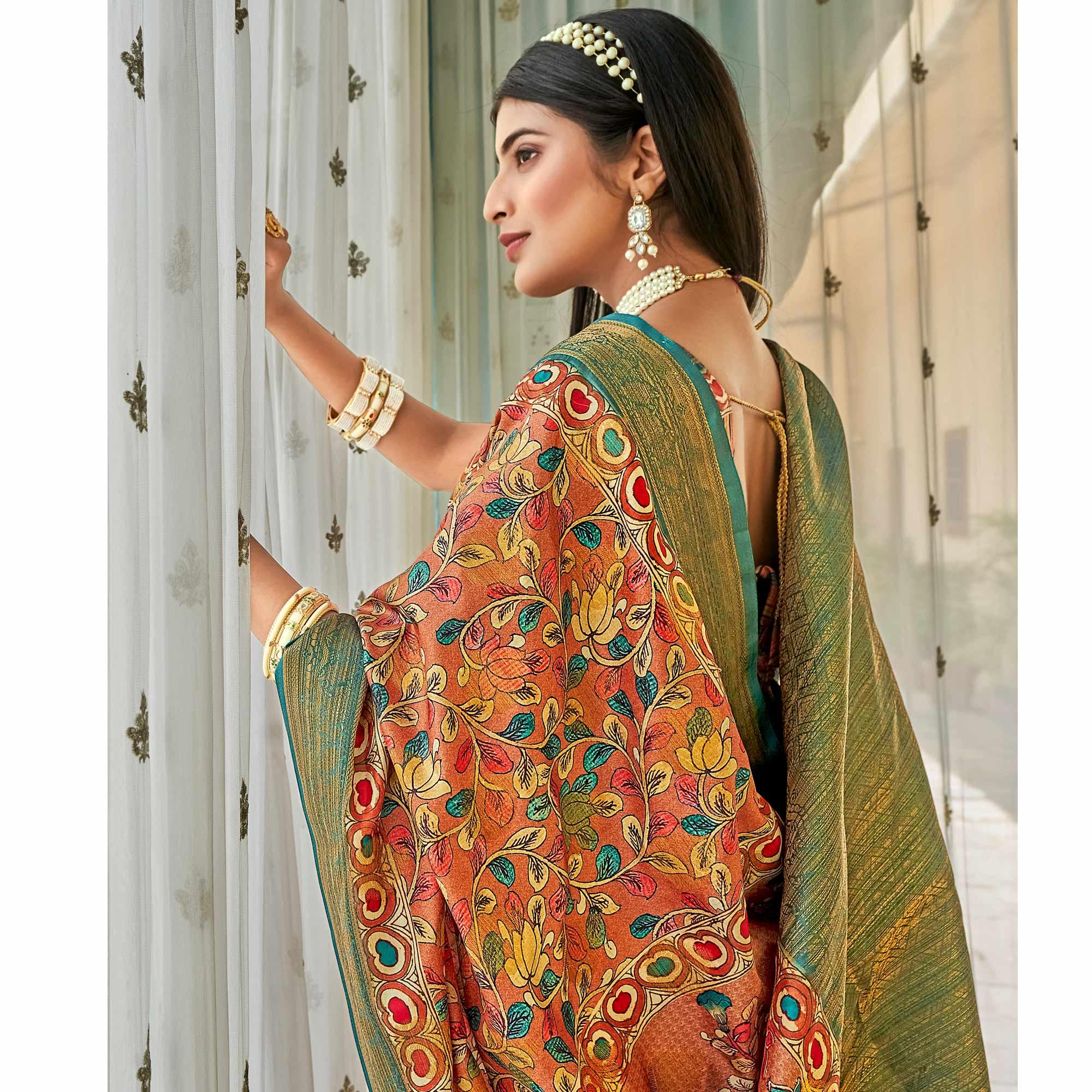 Orange Floral Printed Art Silk Saree - Peachmode