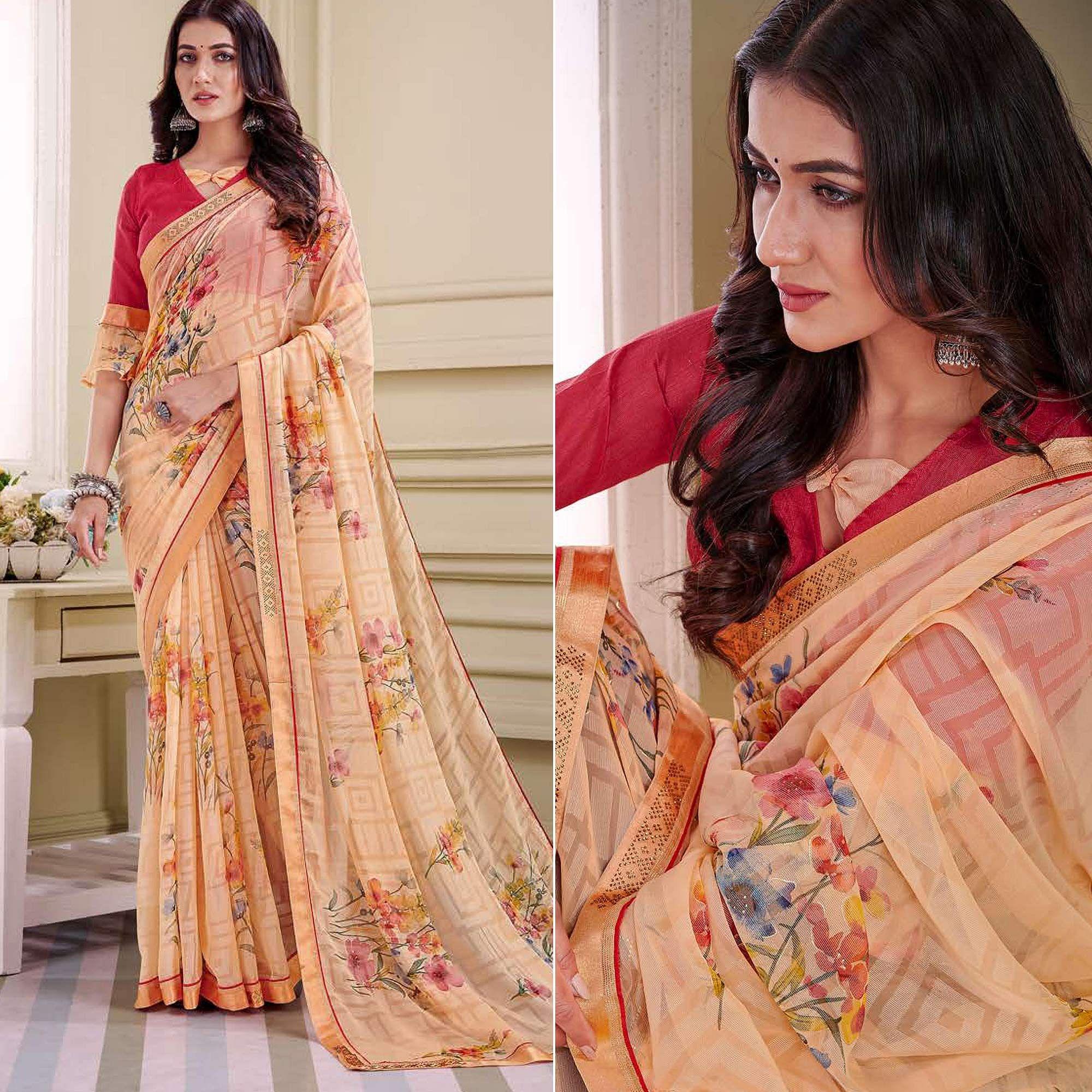 Orange Floral Printed Brasso Saree - Peachmode