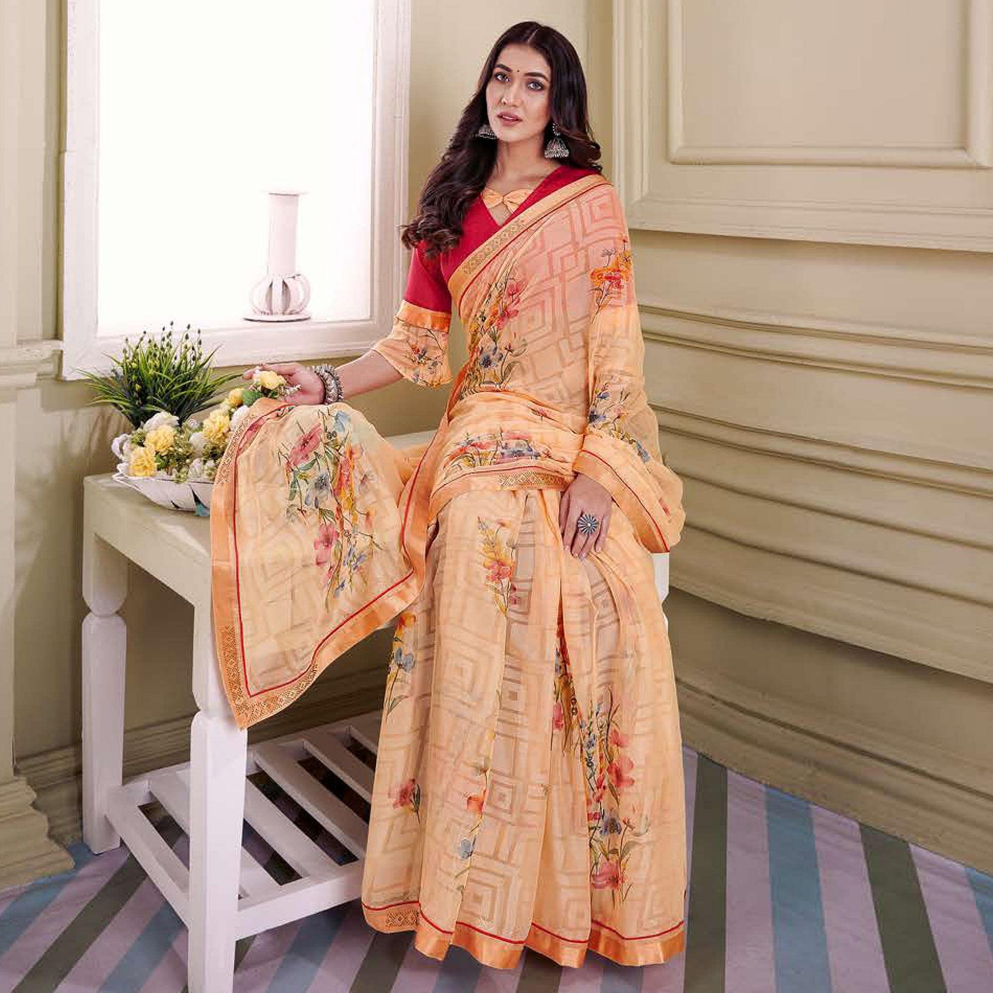 Orange Floral Printed Brasso Saree - Peachmode