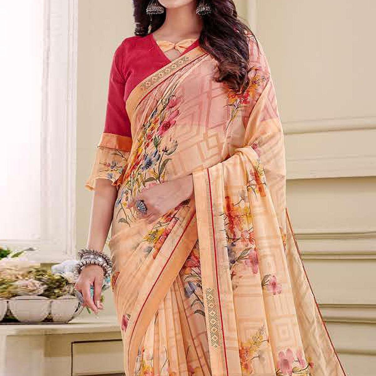 Orange Floral Printed Brasso Saree - Peachmode