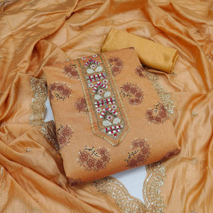 Orange Floral Printed Chanderi Dress Material - Peachmode