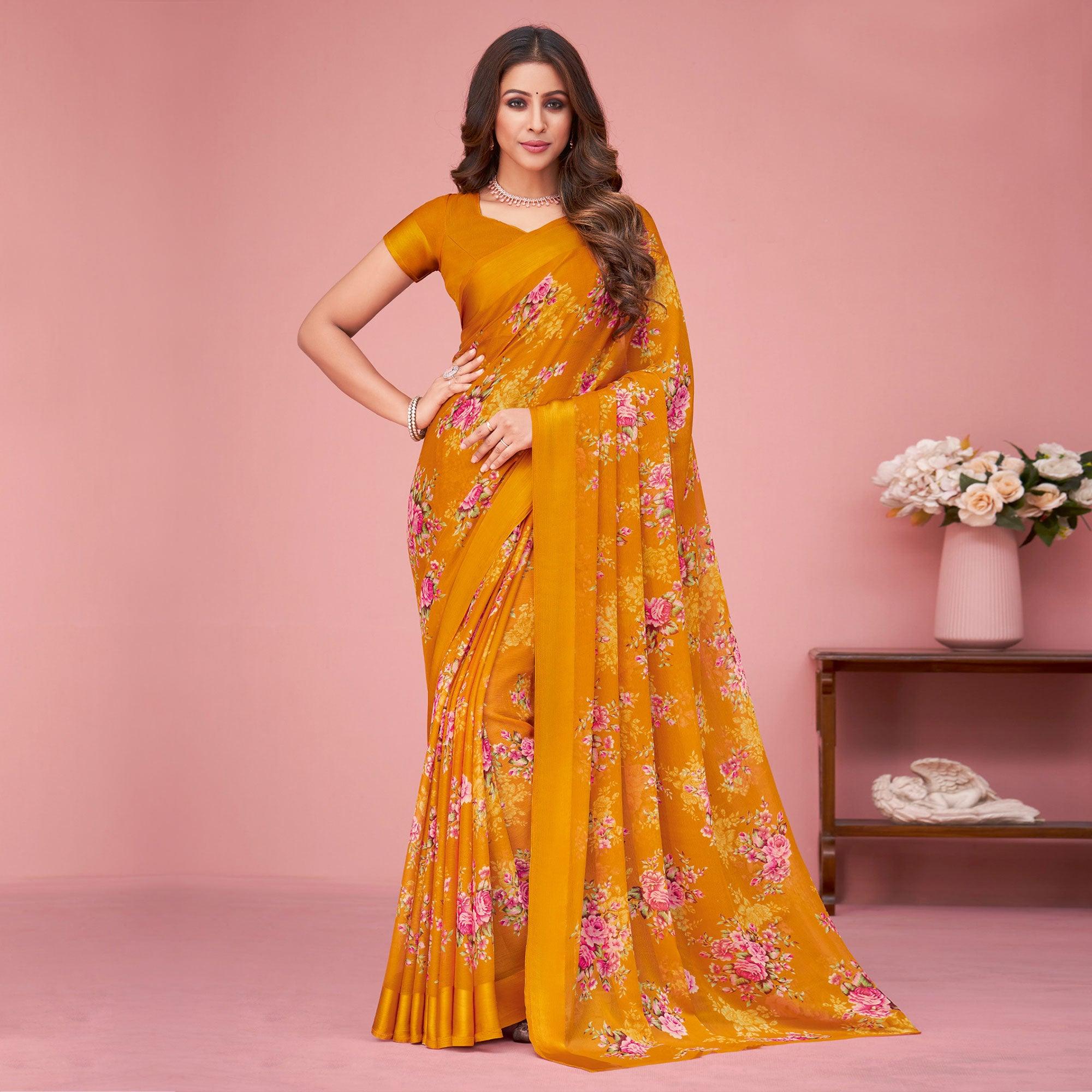 Orange Floral Printed Chiffon Saree - Peachmode