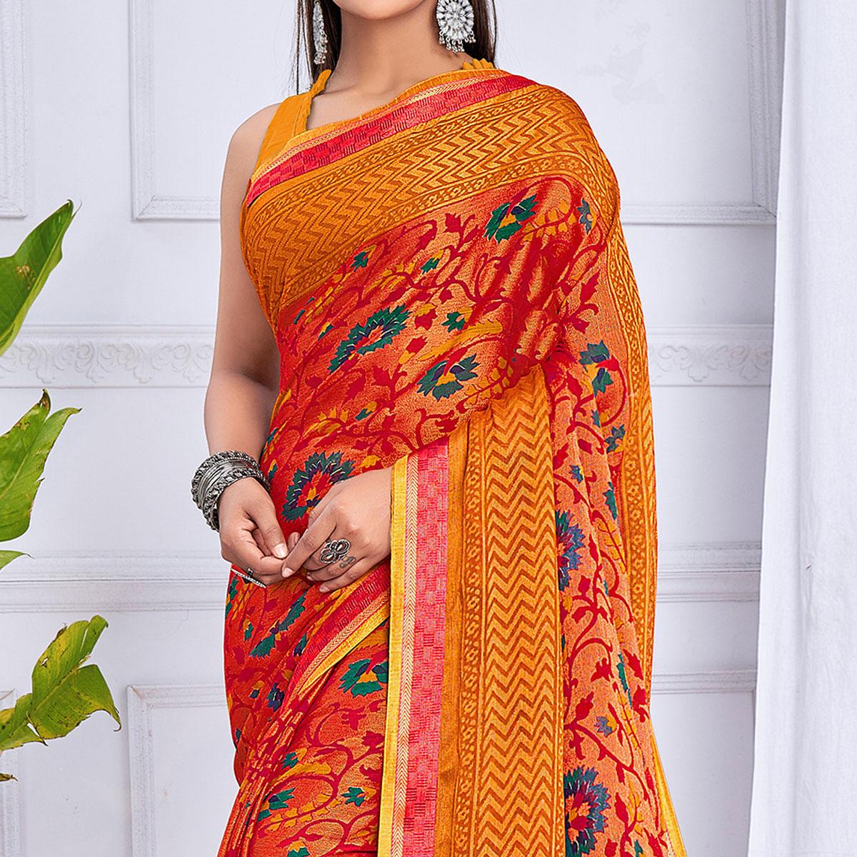 Orange Floral Printed Chiffon Saree - Peachmode