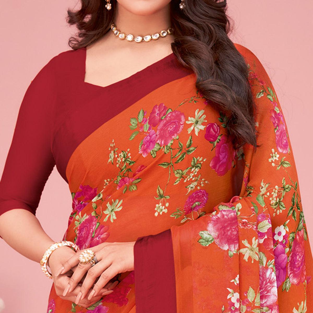 Orange Floral Printed Chiffon Saree - Peachmode