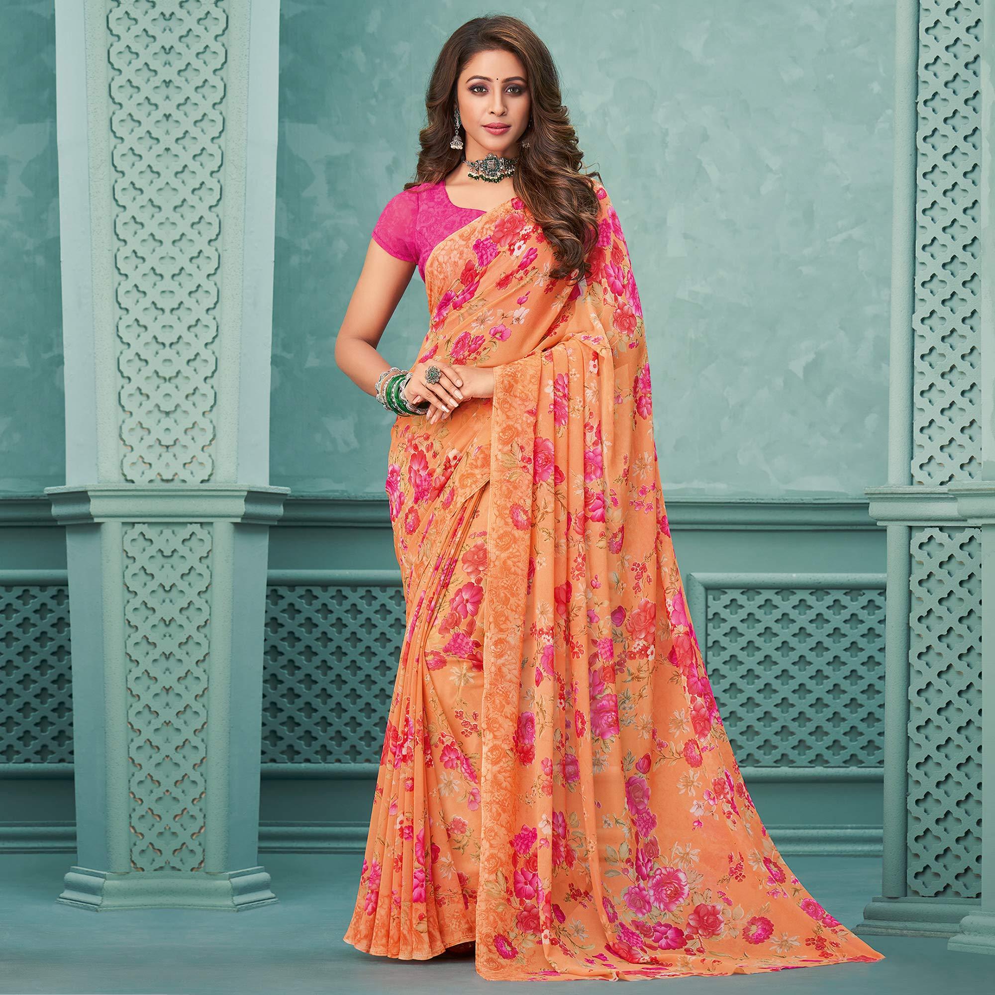 Orange Floral Printed Georgette Saree - Peachmode