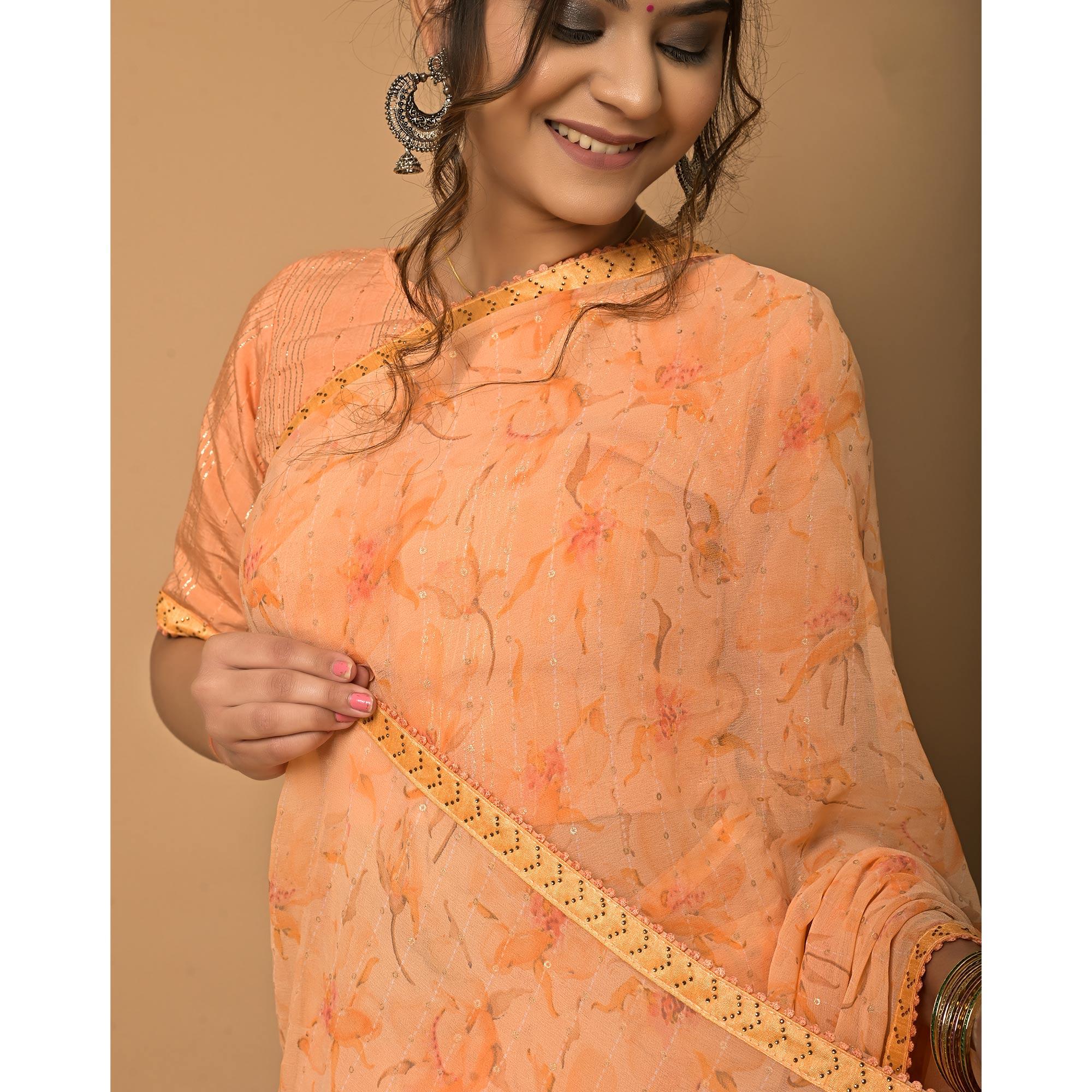 Orange Floral Printed Georgette Saree - Peachmode