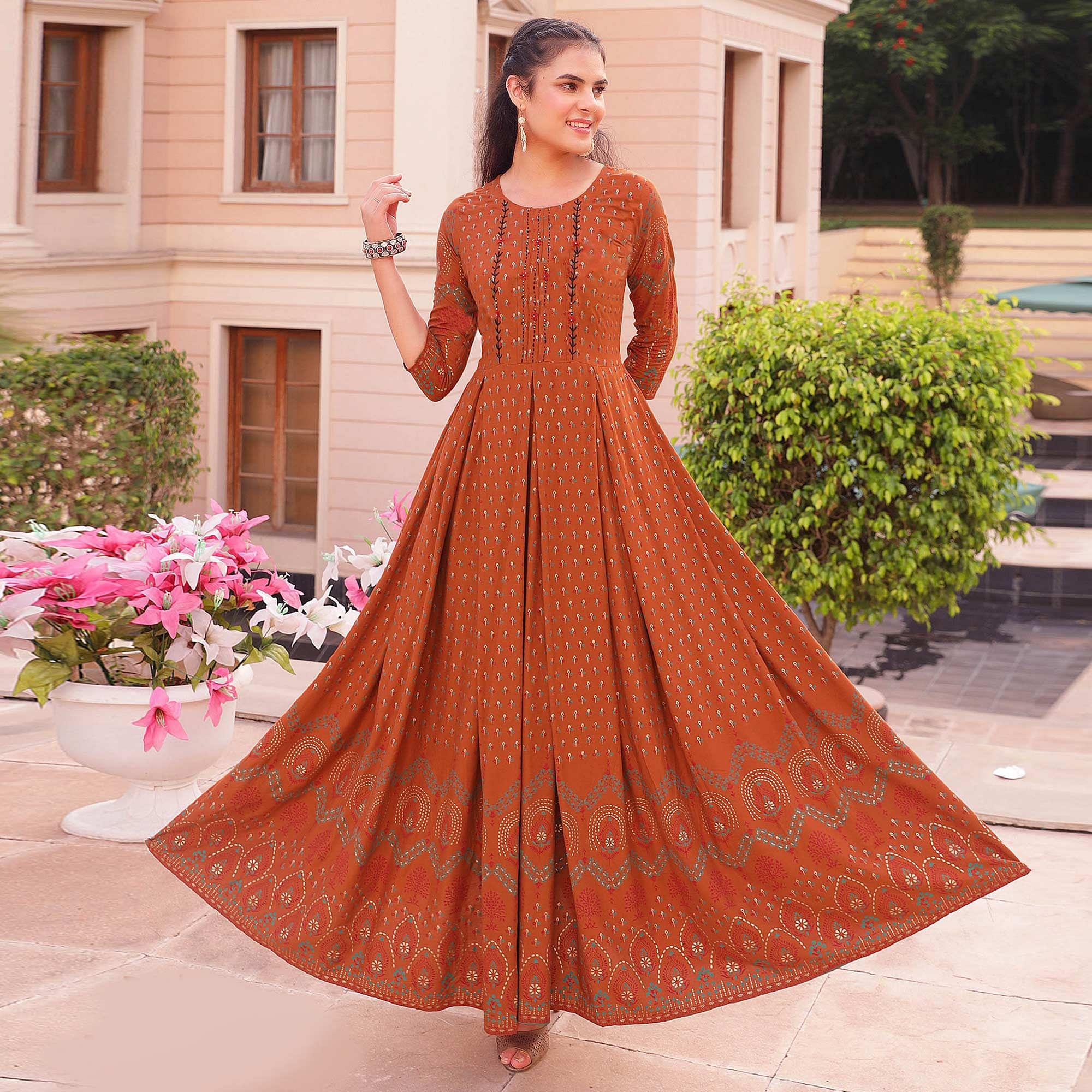 Orange Floral Printed Heavy Rayon Gown - Peachmode