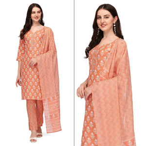 Orange Floral Printed Poly Cotton Kurti Pant Set With Dupatta - Peachmode