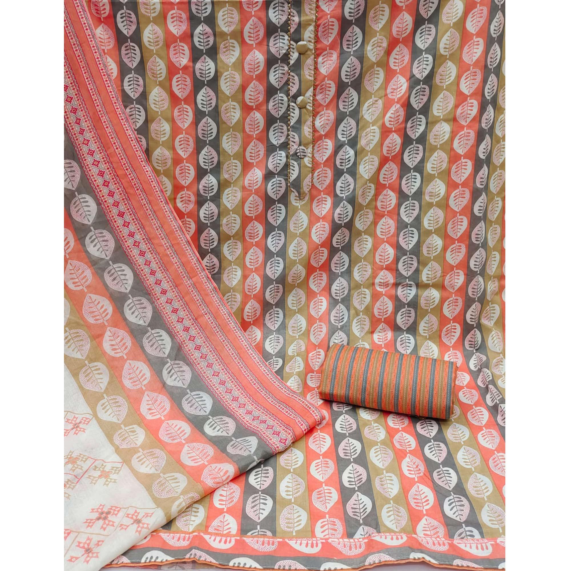 Orange Floral Printed Pure Cotton Dress Material - Peachmode