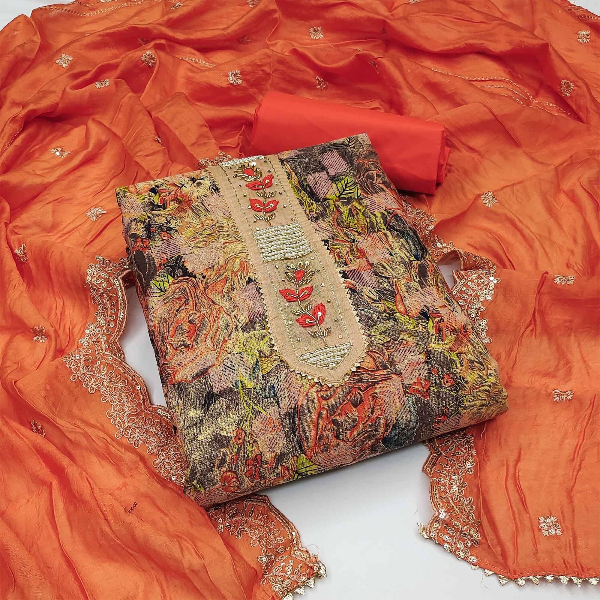Orange Floral Printed With Embellsihed Poly Cotton Dress Material - Peachmode