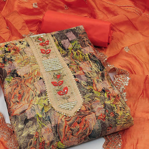 Orange Floral Printed With Embellsihed Poly Cotton Dress Material - Peachmode