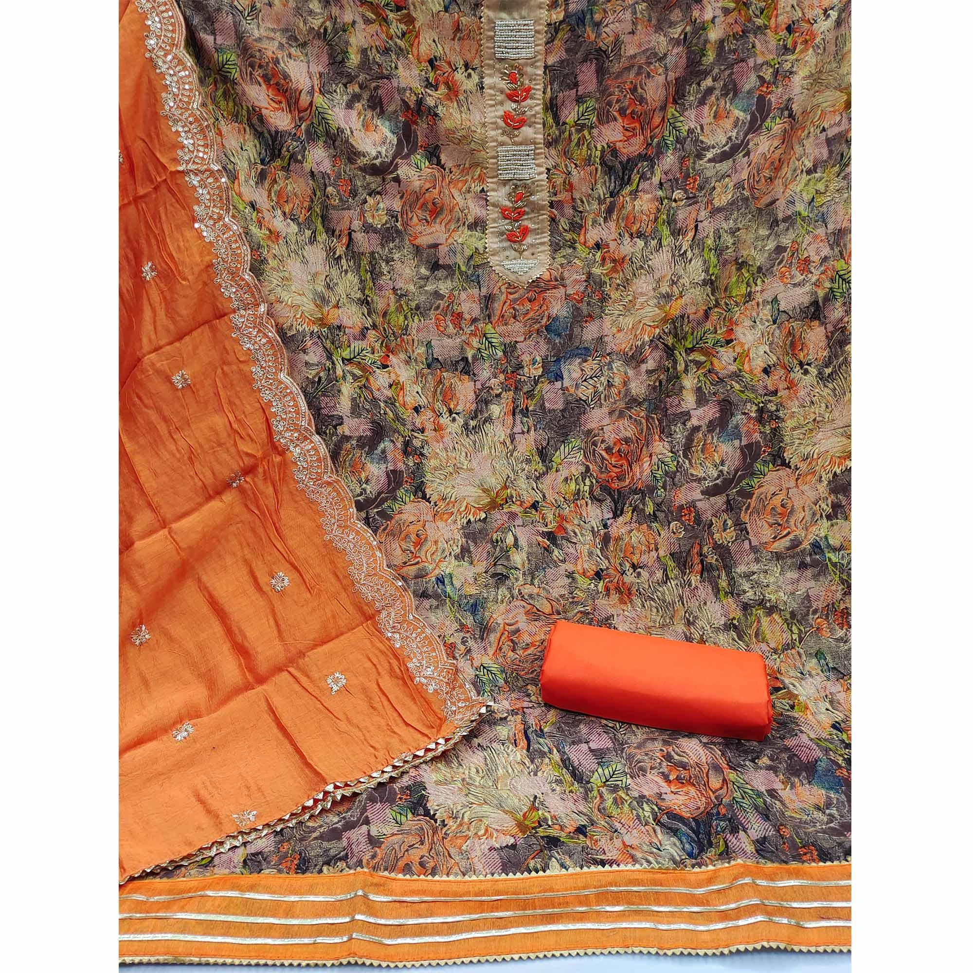 Orange Floral Printed With Embellsihed Poly Cotton Dress Material - Peachmode