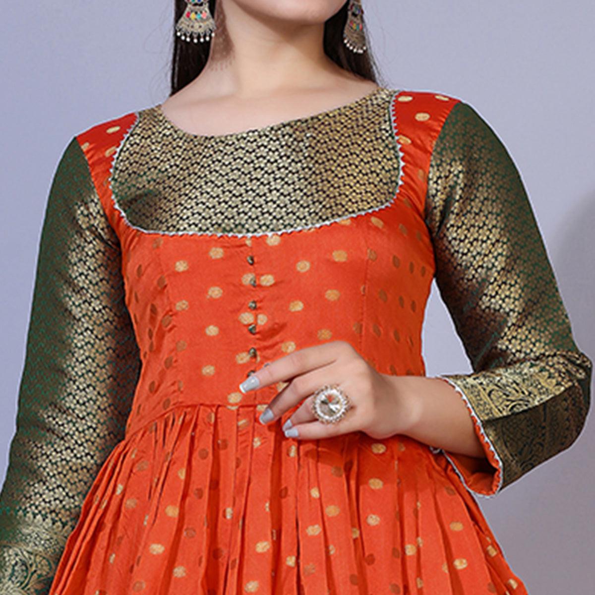 Orange Floral Woven Jacquard Anarkali Style Gown - Peachmode