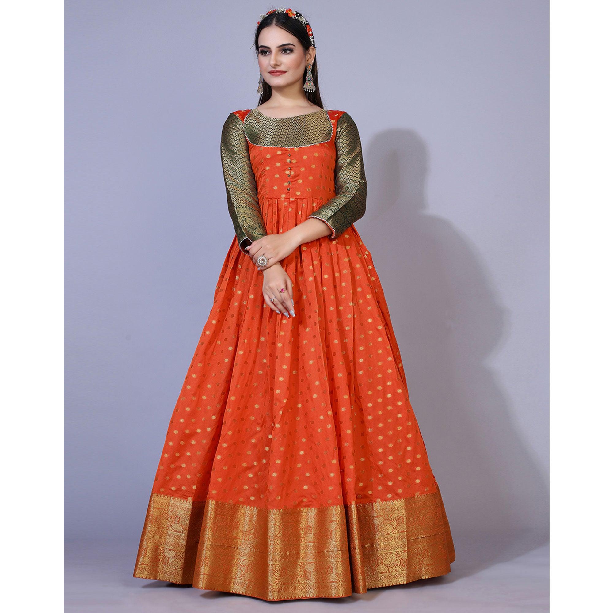 Orange Floral Woven Jacquard Anarkali Style Gown - Peachmode