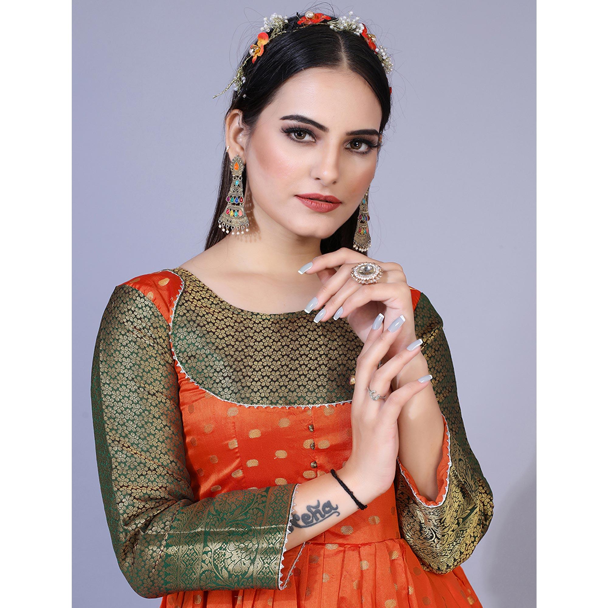 Orange Floral Woven Jacquard Anarkali Style Gown - Peachmode