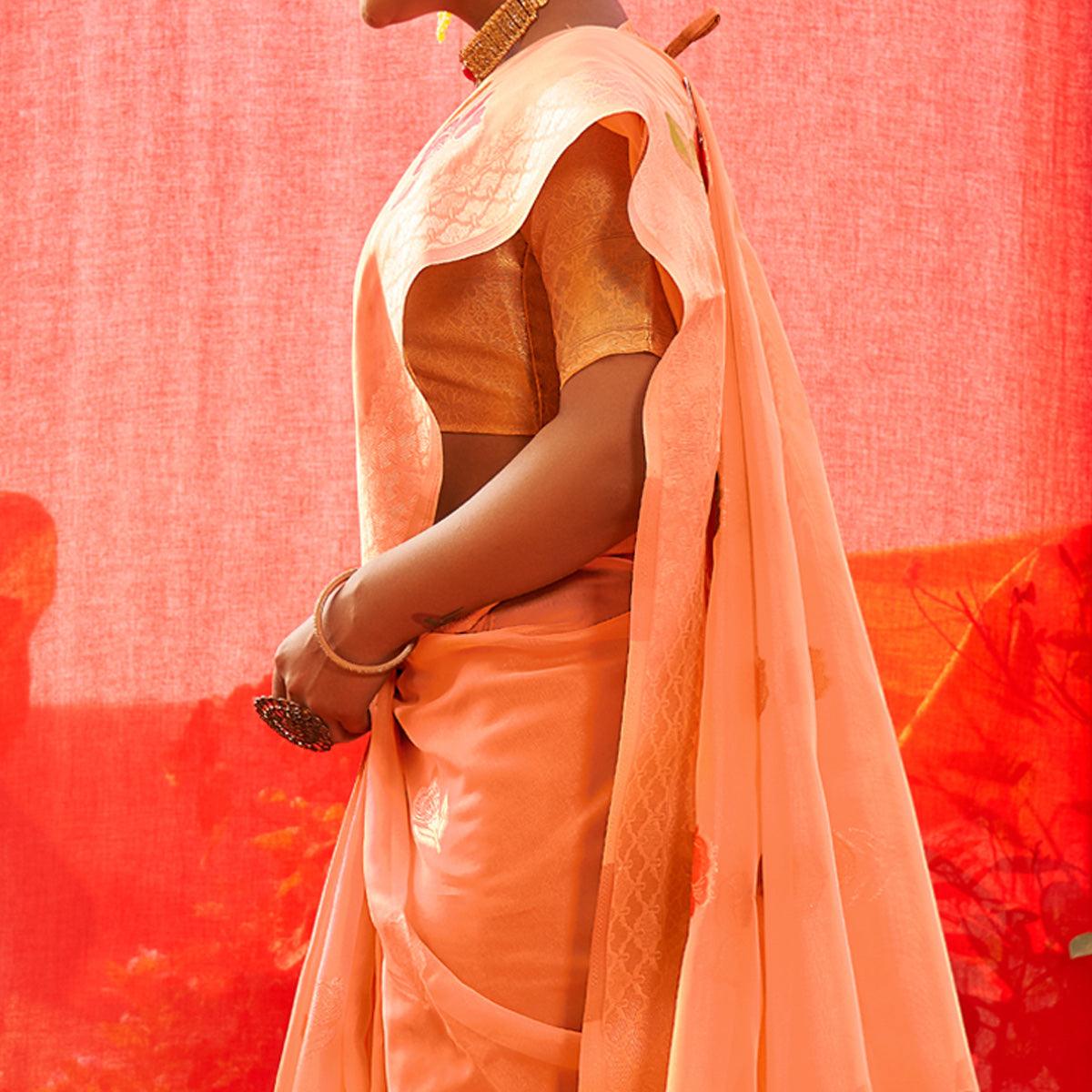 Orange Floral Woven Organza Saree - Peachmode