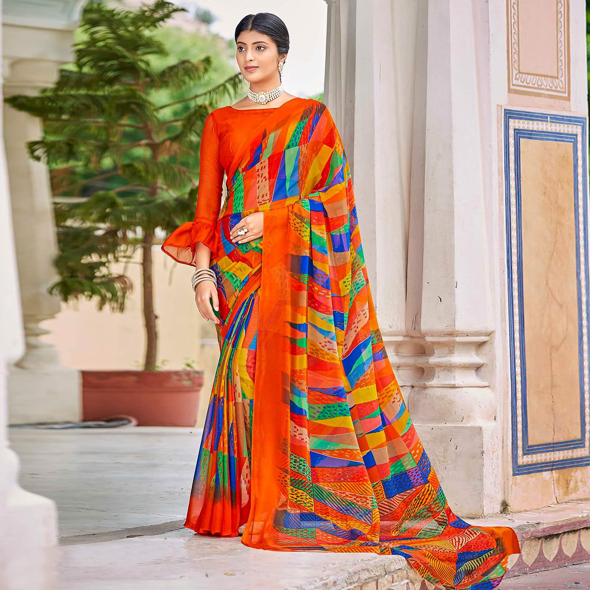 Orange Geometric Printed Chiffon Saree - Peachmode