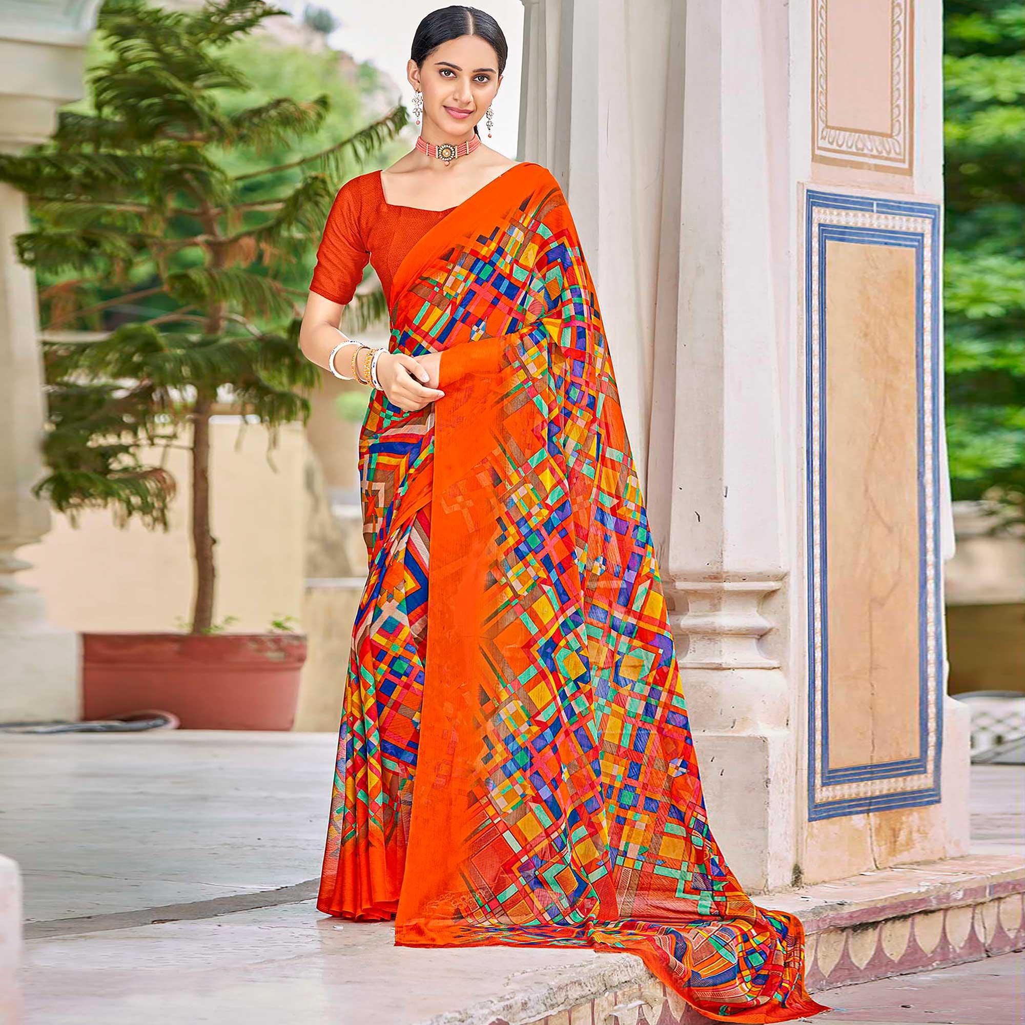 Orange Geometric Printed Chiffon Saree - Peachmode