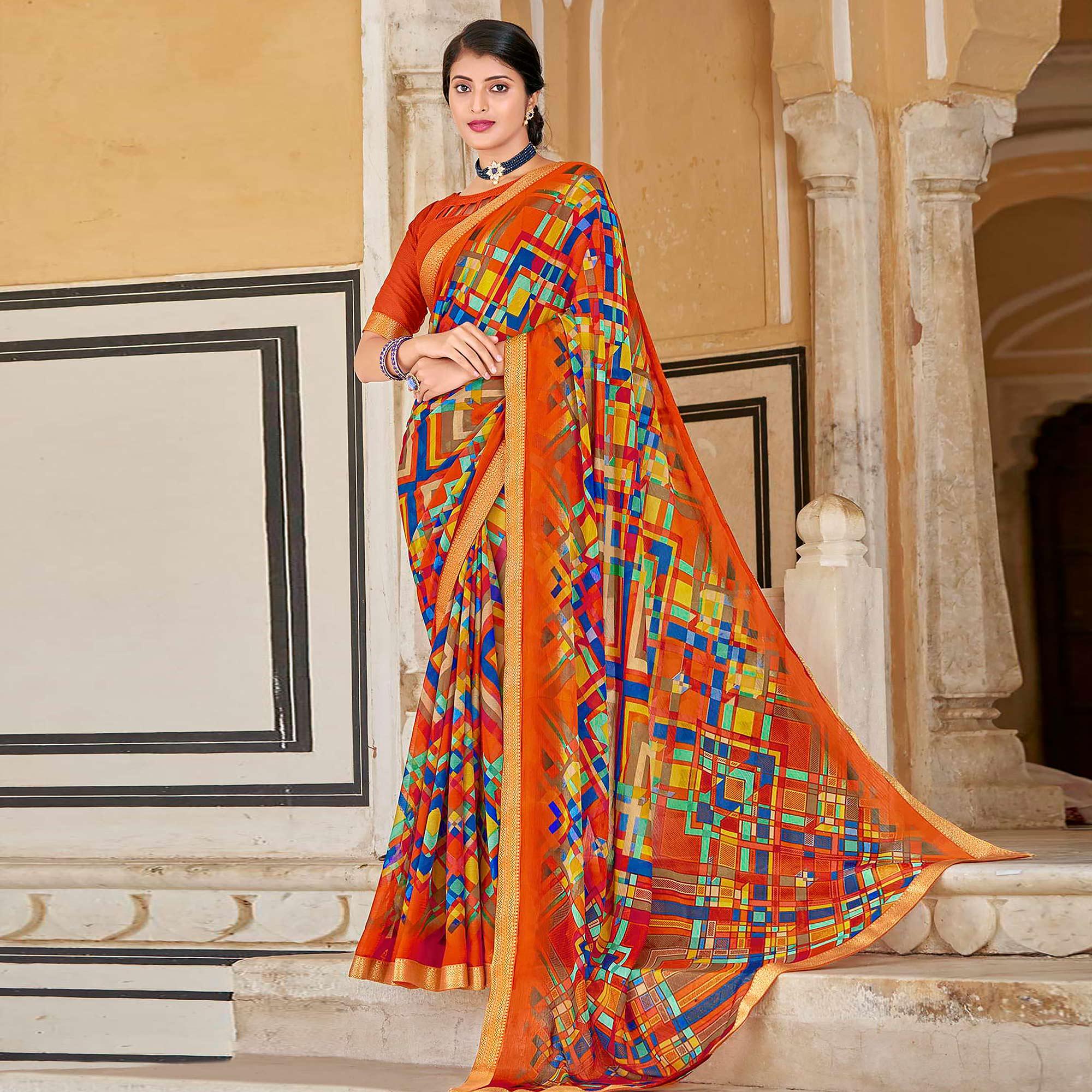 Orange Geometric Printed Chiffon Saree - Peachmode