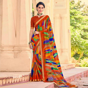 Orange Geometric Printed Chiffon Saree - Peachmode