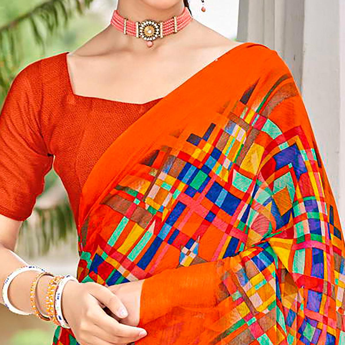 Orange Geometric Printed Chiffon Saree - Peachmode