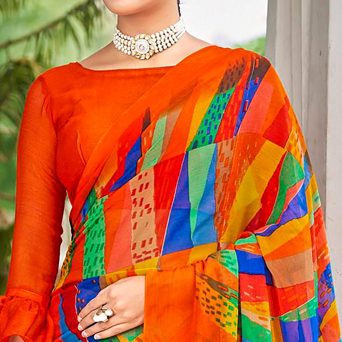 Orange Geometric Printed Chiffon Saree - Peachmode