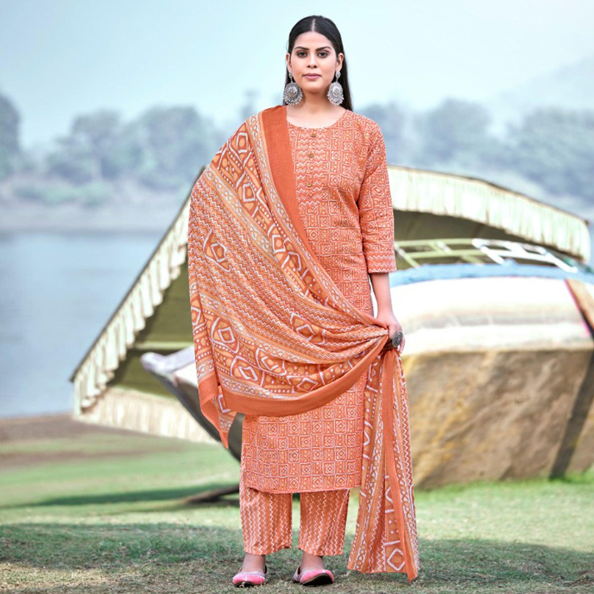 Orange Geometric Printed Pure Cotton Kurti Pant Set With Dupatta - Peachmode