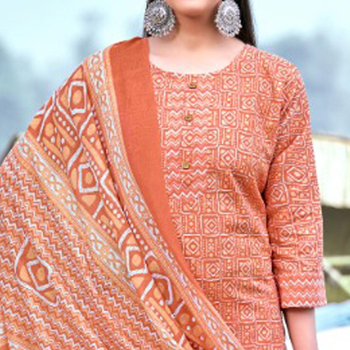 Orange Geometric Printed Pure Cotton Kurti Pant Set With Dupatta - Peachmode