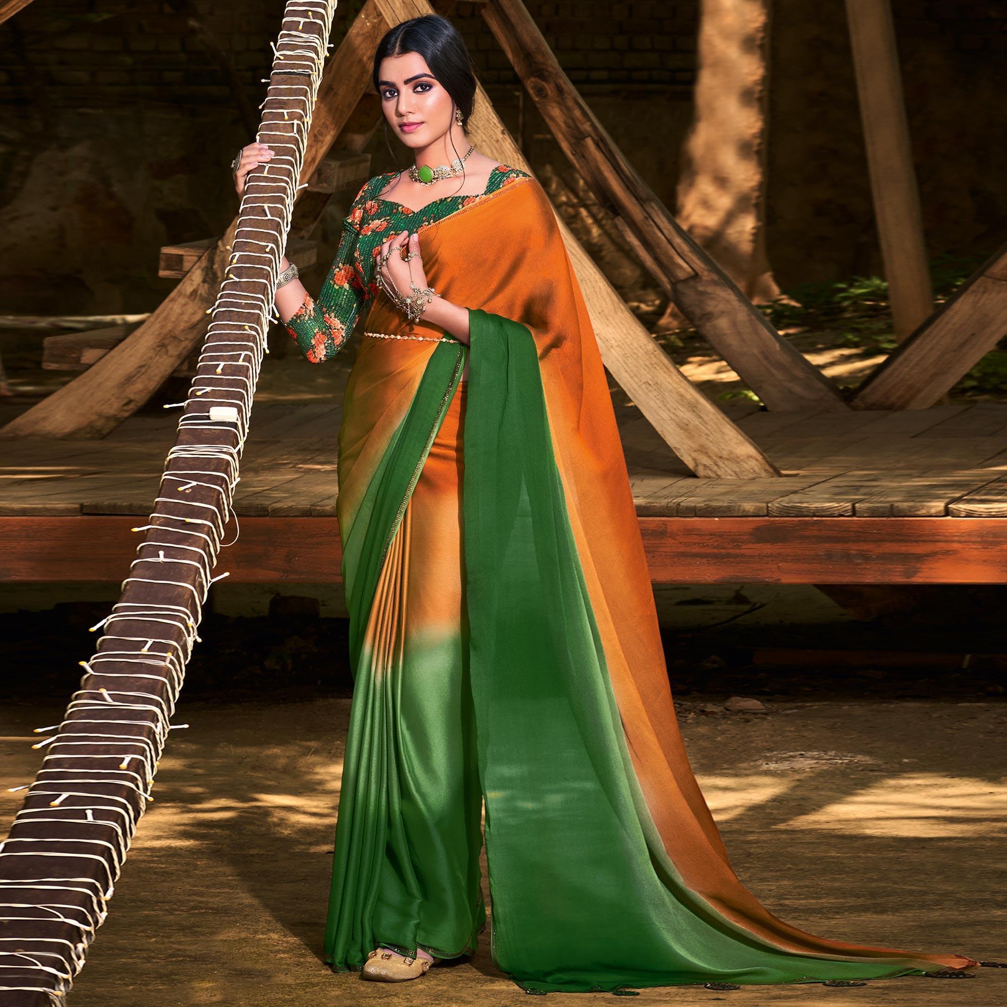 Orange-Green Solid Chiffon Saree - Peachmode