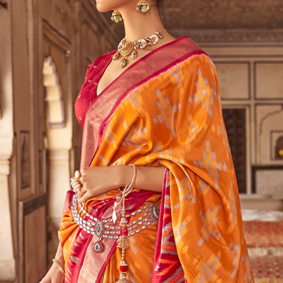 Orange Ikkat Printed-Woven Patola Art Silk Saree - Peachmode