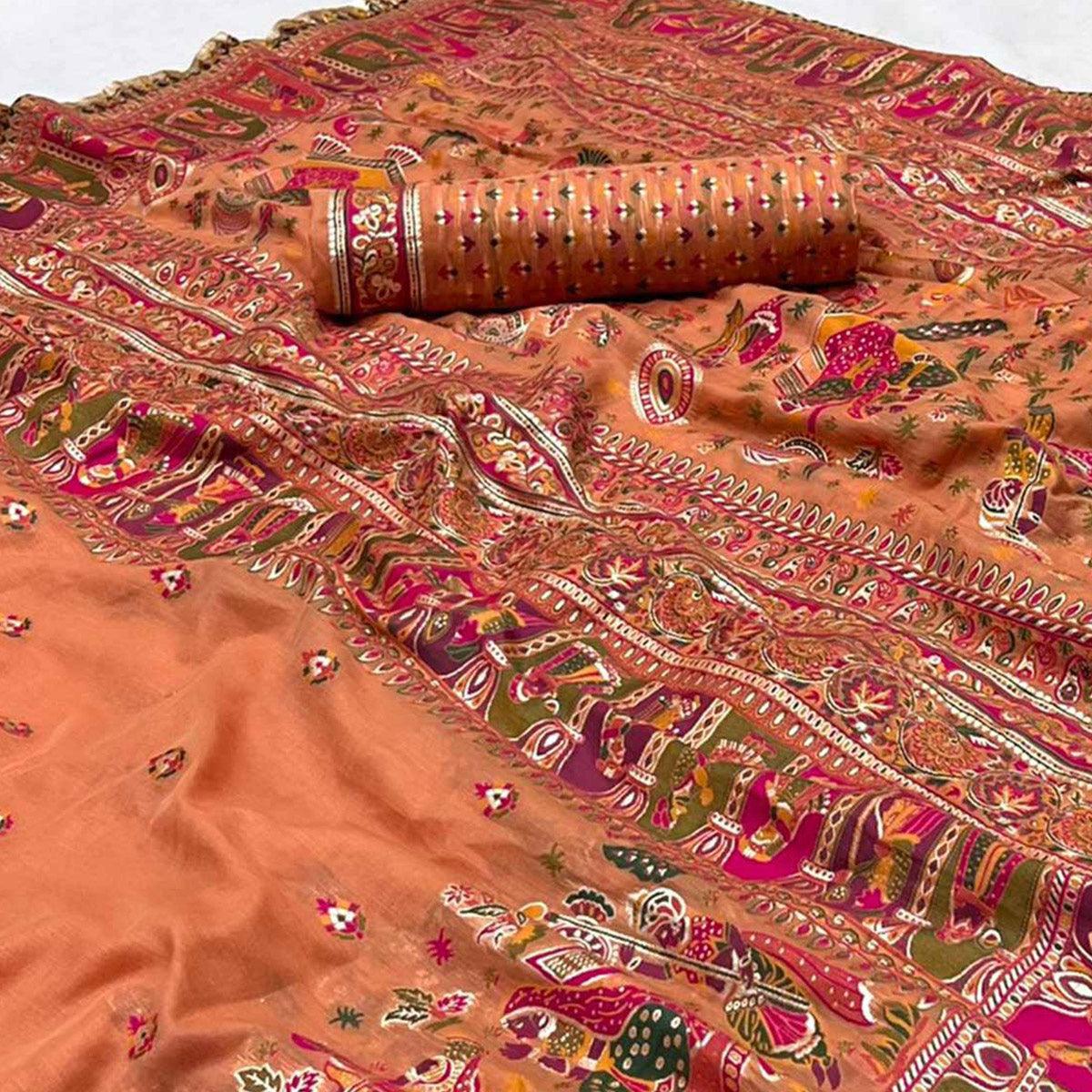 Orange Kalamkari Woven Chanderi Saree - Peachmode