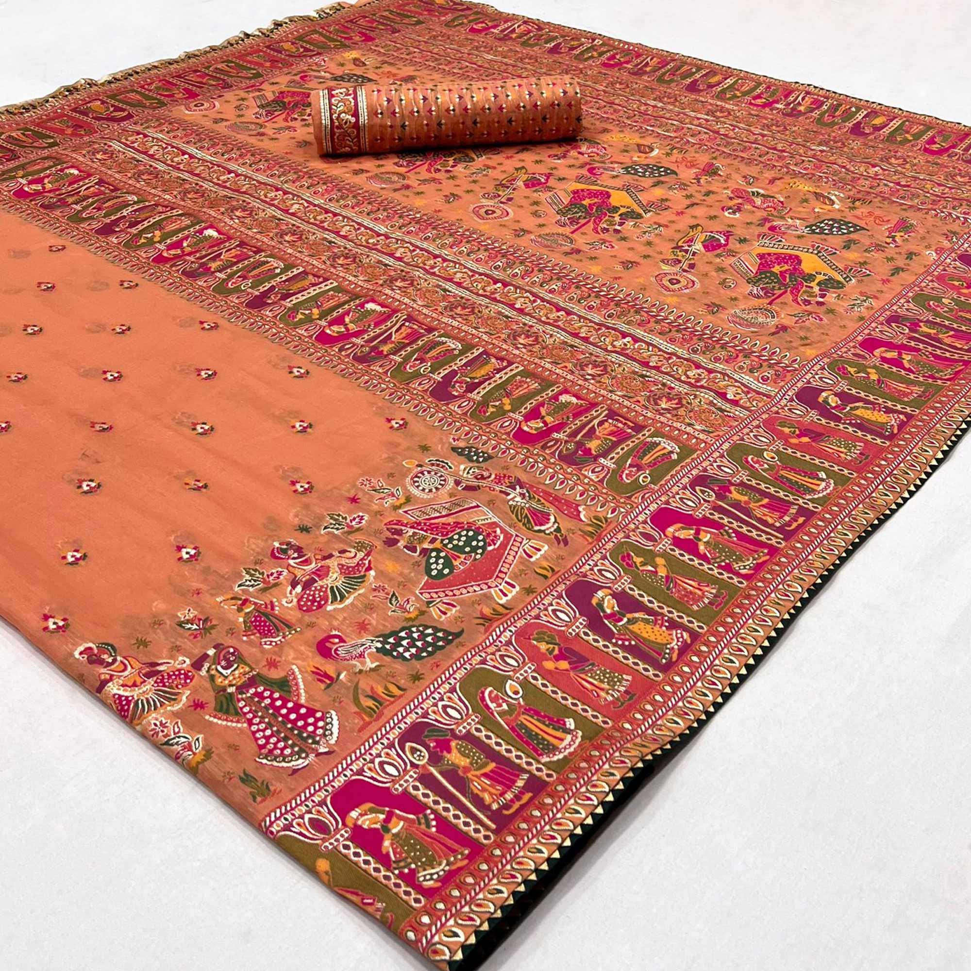 Orange Kalamkari Woven Chanderi Saree - Peachmode