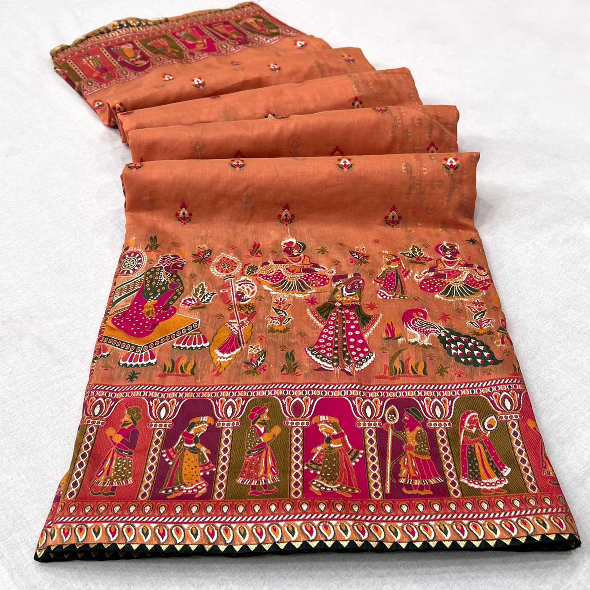 Orange Kalamkari Woven Chanderi Saree - Peachmode